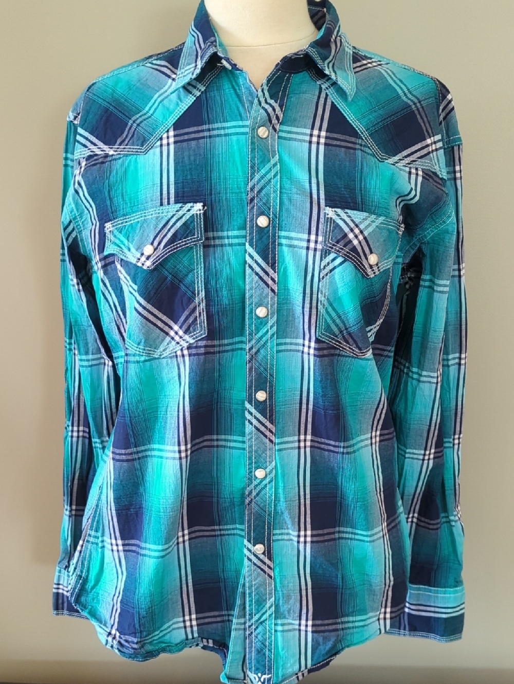 Men's Wrangler 20x Competition Teal & Navy Plaid Pearl Snap Shirt Size M